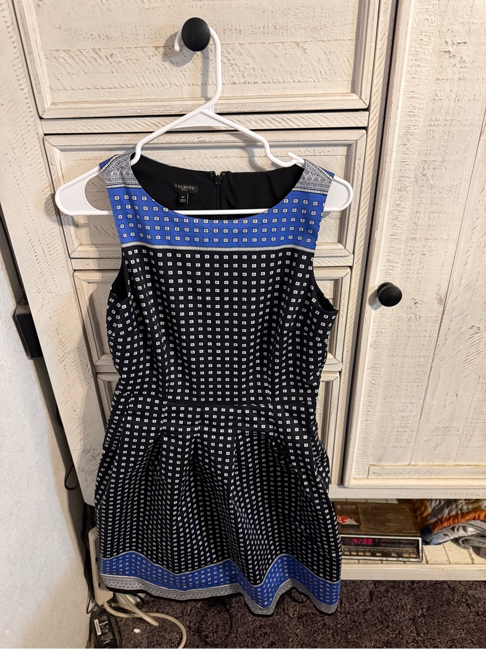 Talbots Black and Blue Sleeveless Patterned Fit-and-Flare Midi Dress